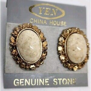 YEN China House Genuine Stone Earrings With Flowered Gold Tone Border NEW